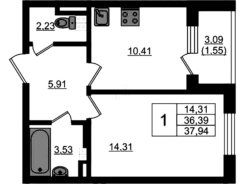 1-комнатная квартира 37.94 м², 3/4 эт., ЖК «Новая история»